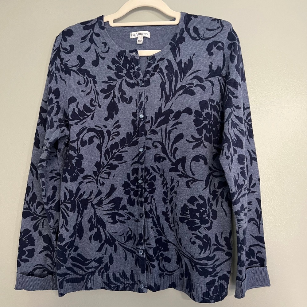 Croft & Barrow Womens Small Blue Floral Damask Button Front Cotton Cardigan S